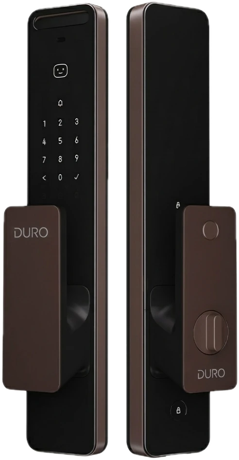 The DURO smart lock in black and bronze — keypad and face recognition outside, thumb-turn inside