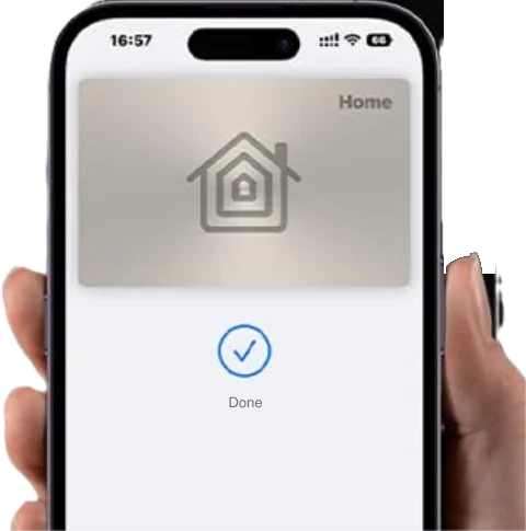 An iPhone showing a Home key in Apple Wallet unlocking the door