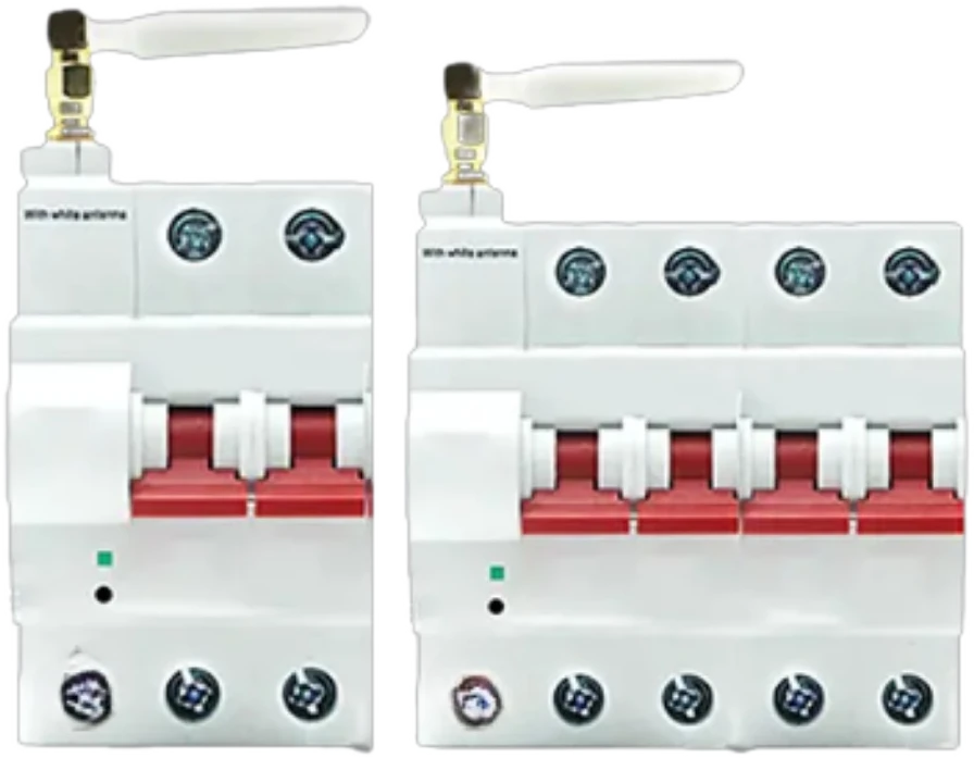 Two wireless smart circuit breakers with antennas — a two-pole and a four-pole