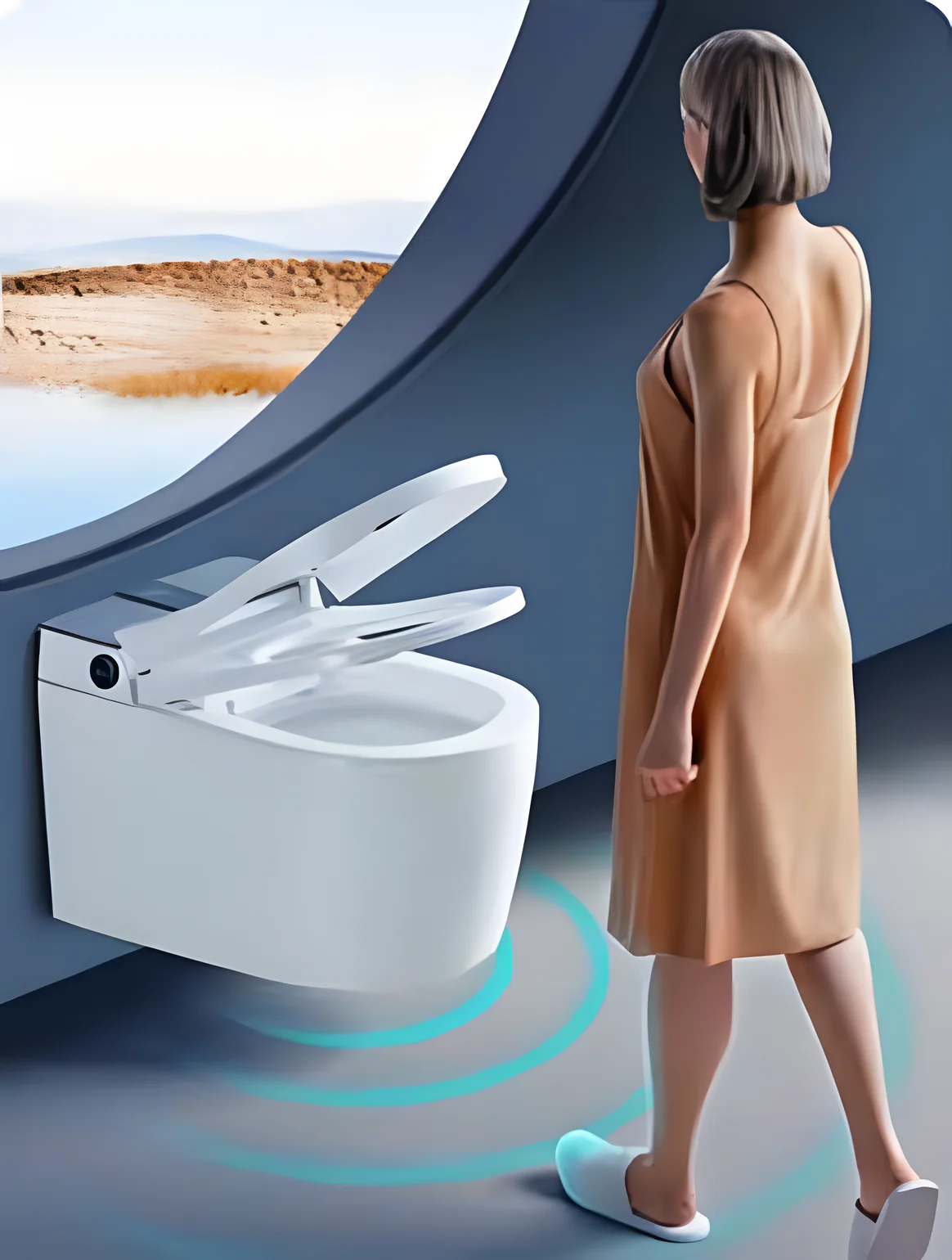 A woman walking up to a wall-hung smart toilet as its lid lifts open