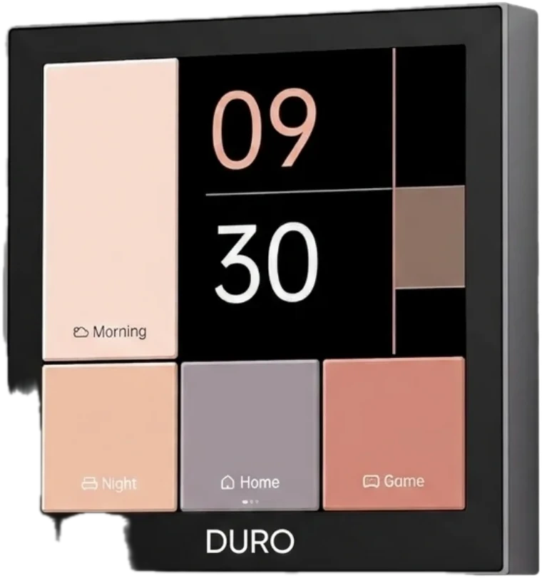 DURO smart touch panel showing the time and Morning, Night, Home and Game scene tiles